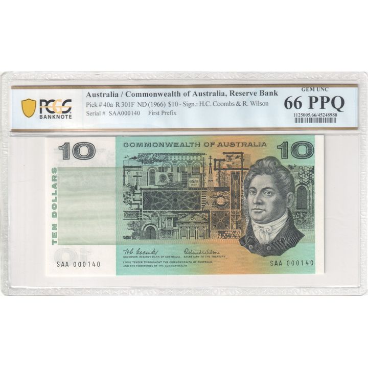 1966 Australia $10 Banknote Coombs/Wilson Gem Unc 66 PPQ First Prefix - R.301F