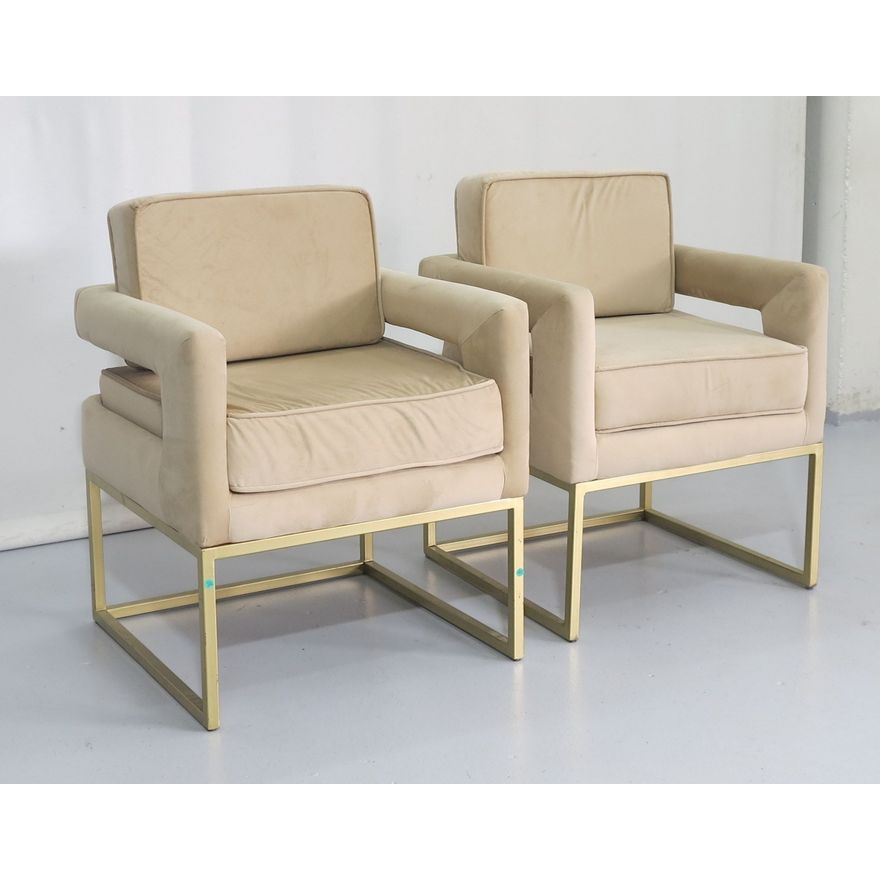 PAIR OF UPHOLSTERED STEEL BASE ARMCHAIRS