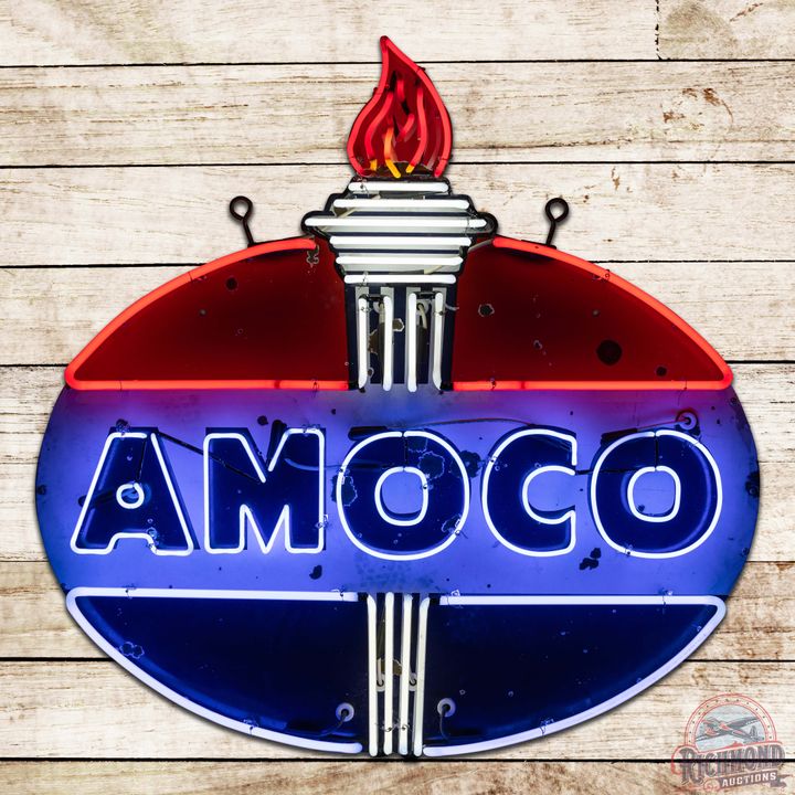 Amoco Gasoline w/ Flame 4' Single Sided Porcelain Neon Sign