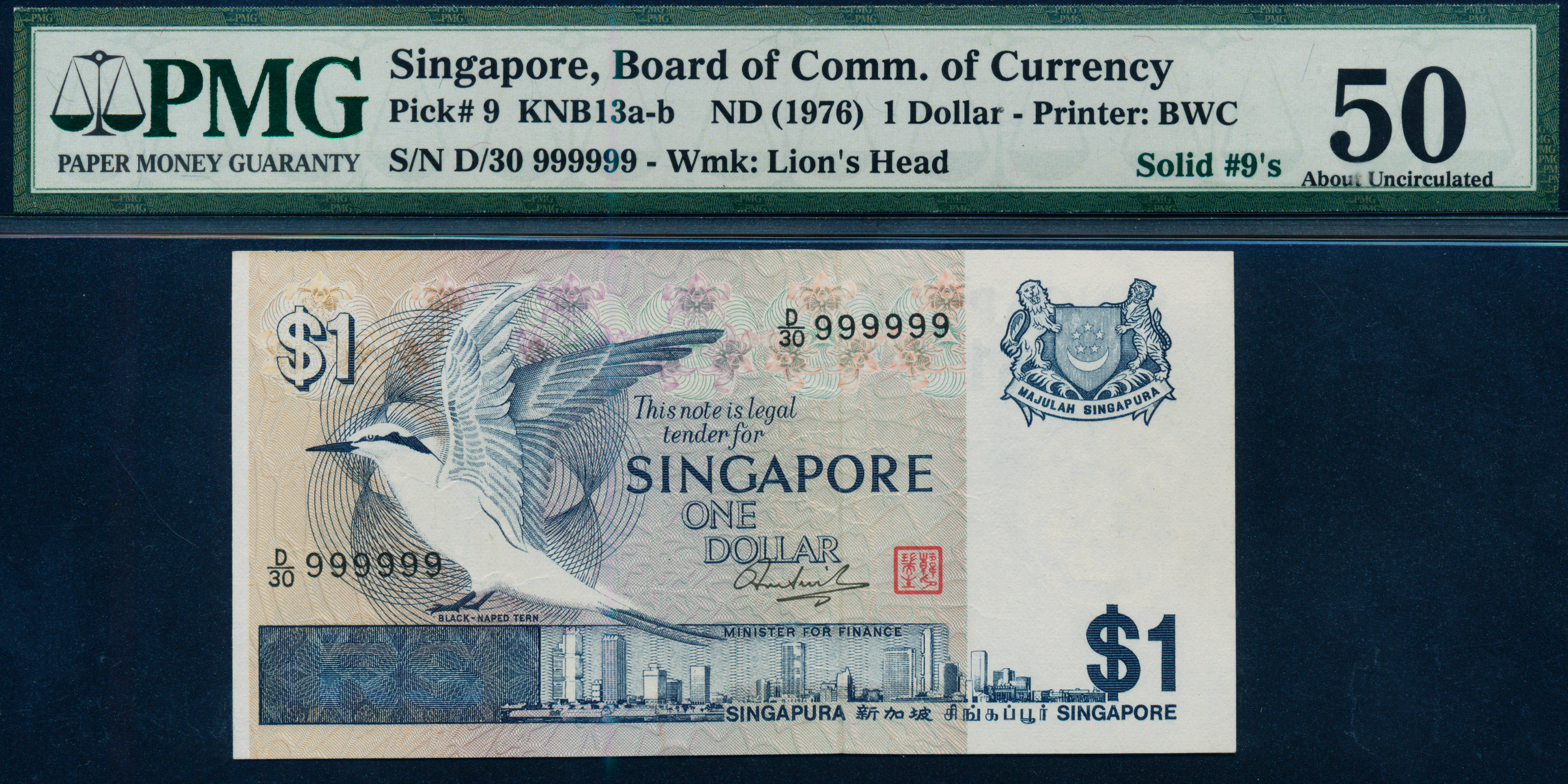 Singapore Bird 1976 $1 Solid Number D/30 999999 PMG 50 