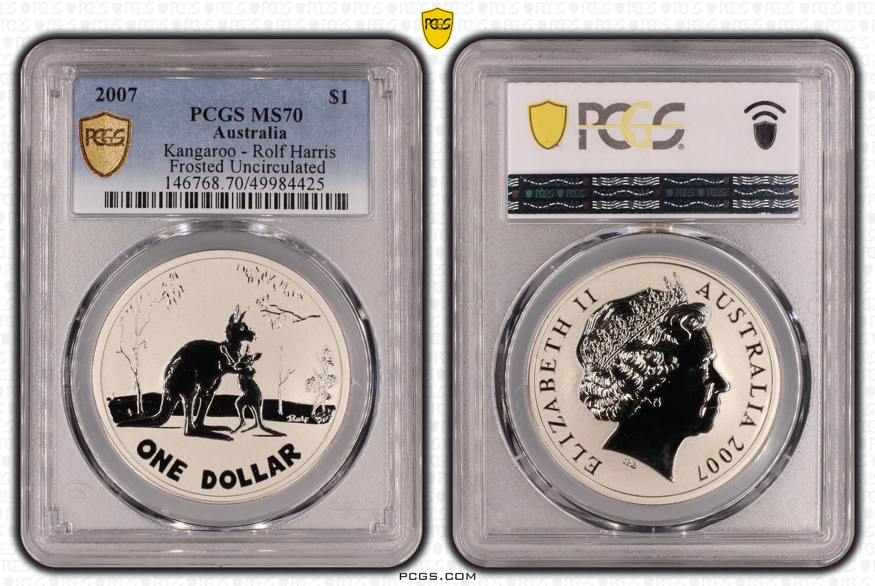 Kangaroo - Rolf Harris Frosted Uncirculated POP 6/0, One Dollar, 2007, PCGS MS70