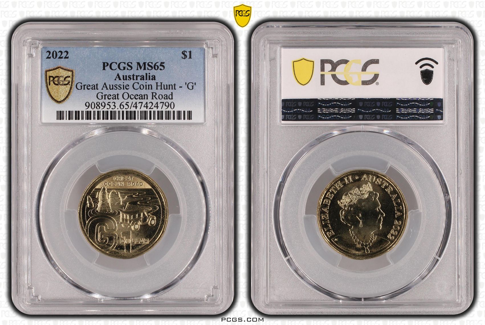 Great Aussie Coin Hunt - 'G', One Dollar, 2022, PCGS MS 65