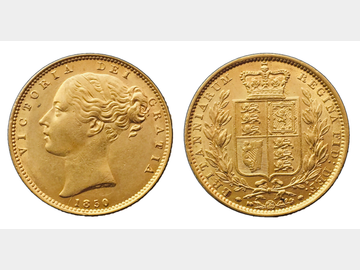 1850 Queen Victoria Young Head London Mint Shield Gold Sovereign.