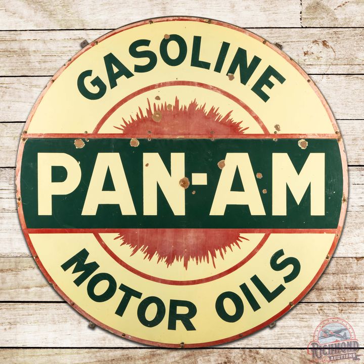 Scarce Pan-Am Gasoline Motor Oils 6' Single Sided Porcelain Sign w/ Frame