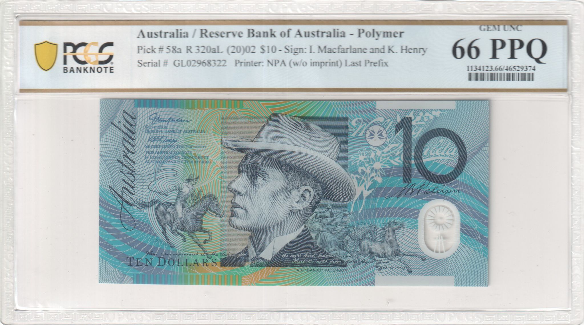 Macfarlane/Henry, Last Prefix, Ten Dollar, 2002, PCGS Gem UNC 66 PPQ