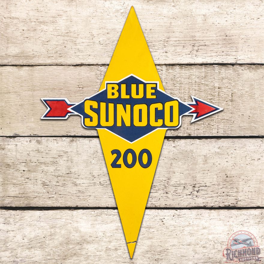 Blue Sunoco 200 Gasoline Die Cut SS Porcelain Pump Plate Sign