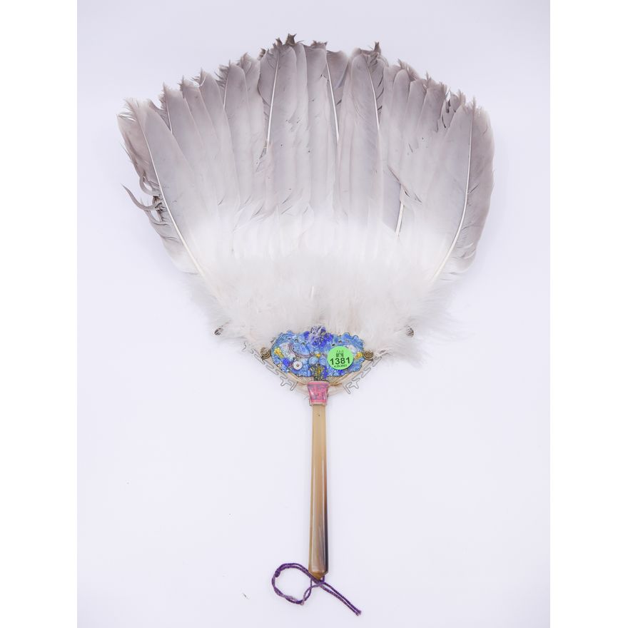 Old Chinese Enameled Feather Hand Fan- 17''