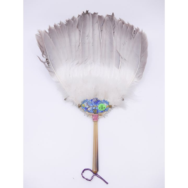 Old Chinese Enameled Feather Hand Fan- 17''