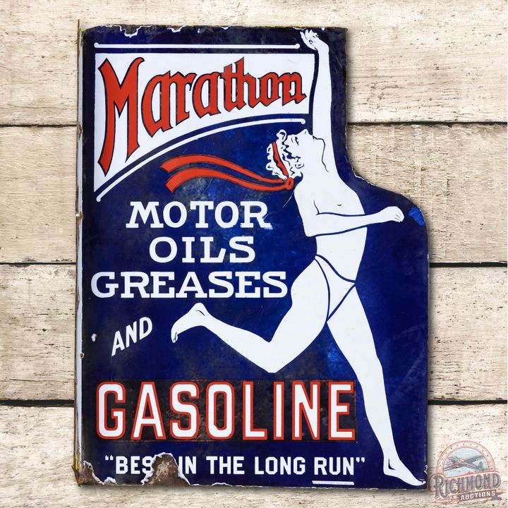 Rare Early Marathon Motor Oils, Grease & Gasoline Porcelain Flange Sign TAC 7.75 & 7.25