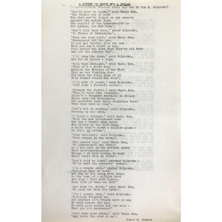 BAXTER, JAMES K. - Broadsheet - The Gunner’s Lament [for my wife, Te Kare]