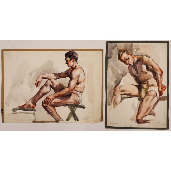 2pc Harry Bonath 1930's Male Nude Watercolors on Paper