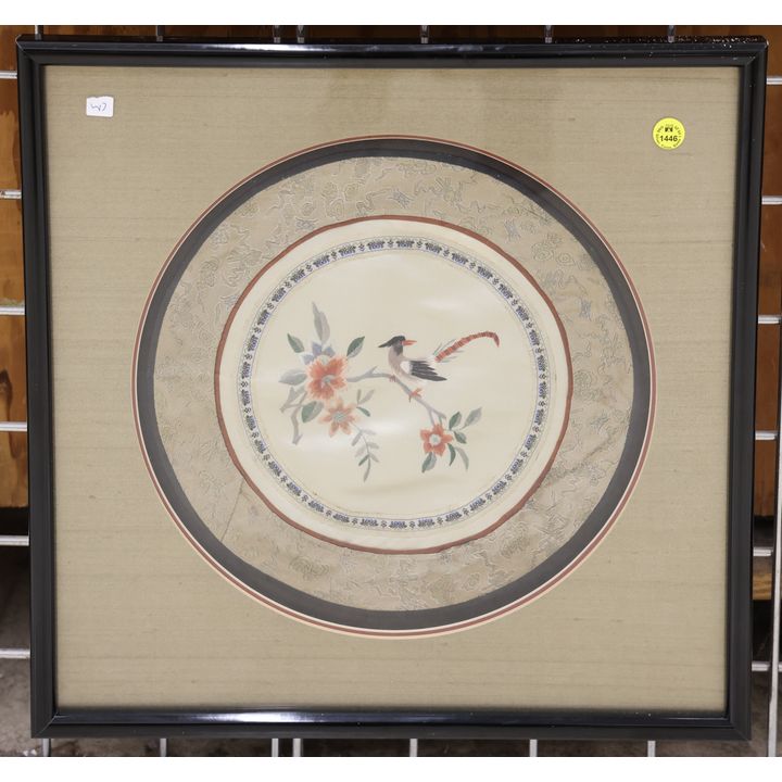 Chinese Silk Round Bird Panel Framed 17.5''x17.5''