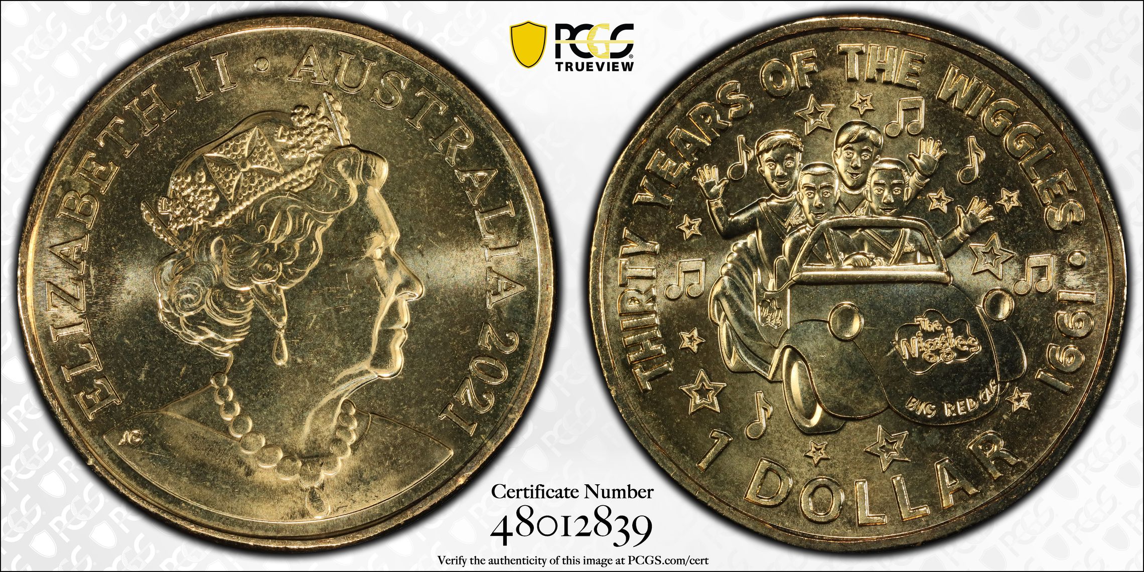 Elizabeth II, Original Wiggles Band, One Dollar, 2021, PCGS MS67