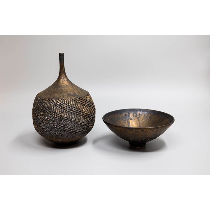 John Parker - Bronze glaze spire vase and matching bowl