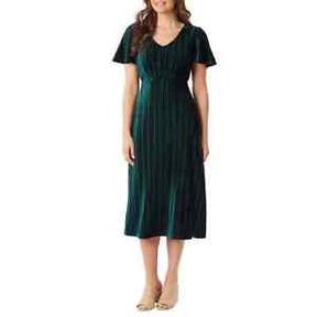 BRIGGS LADIES' PLEATED VELVET V-NECK SHORT SLEEVE MIDI DRESS SZ SM