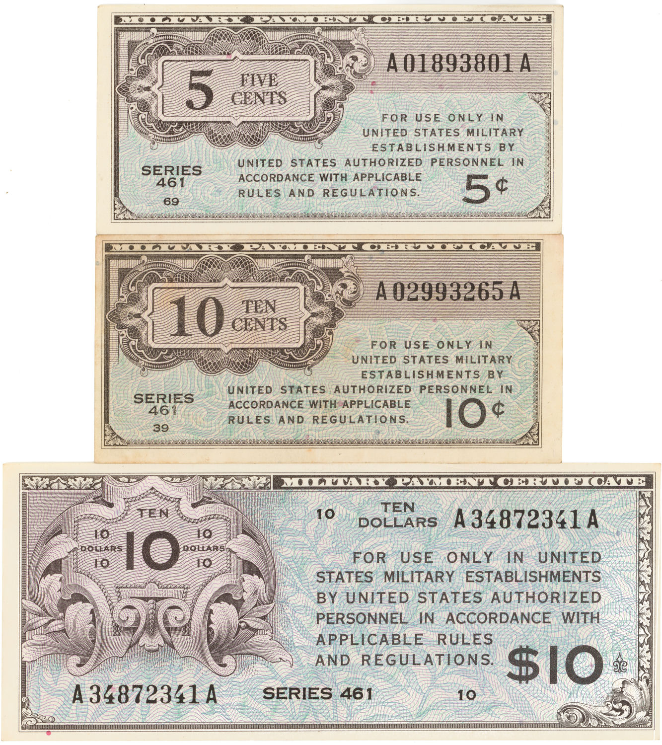 United States, Military Payment Certificate - Series 461, Five Cents - Ten Dollars, 1946 - 1947,