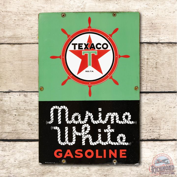 Texaco (White-T) Marine White Gasoline Porcelain Pump Sign TAC 9