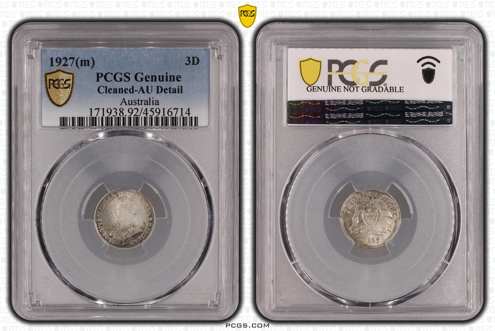 George V, Threepence, 1927(m), PCGS Genuine - AU Details (92 - Cleaned)
