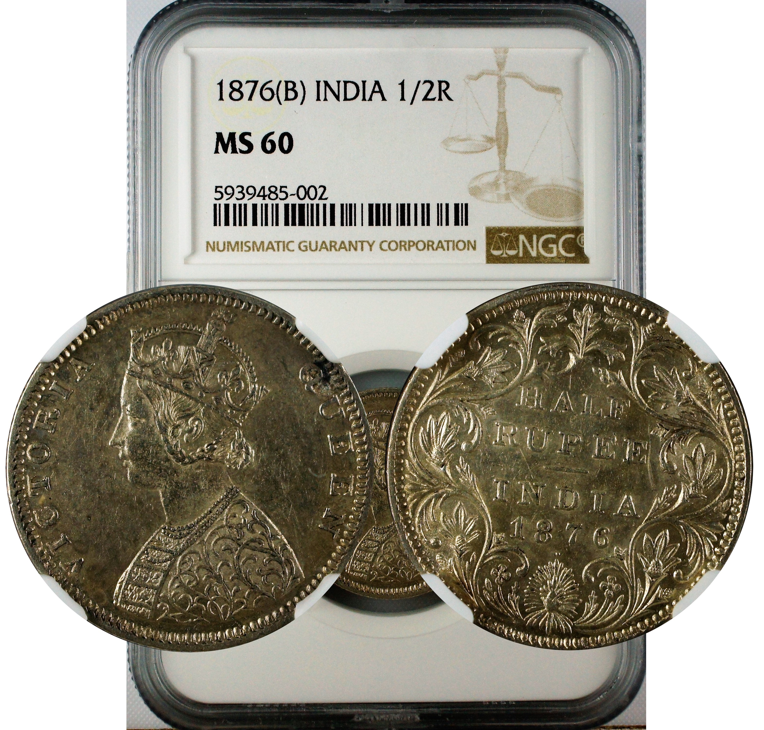 India 1876 B 1/2 Rupee NGC MS60