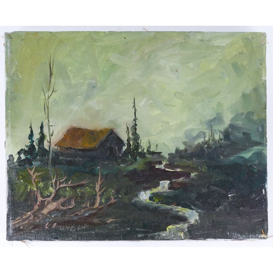 Gene Amondson ''River Cabin'' Oil on Canvas 8''x10''