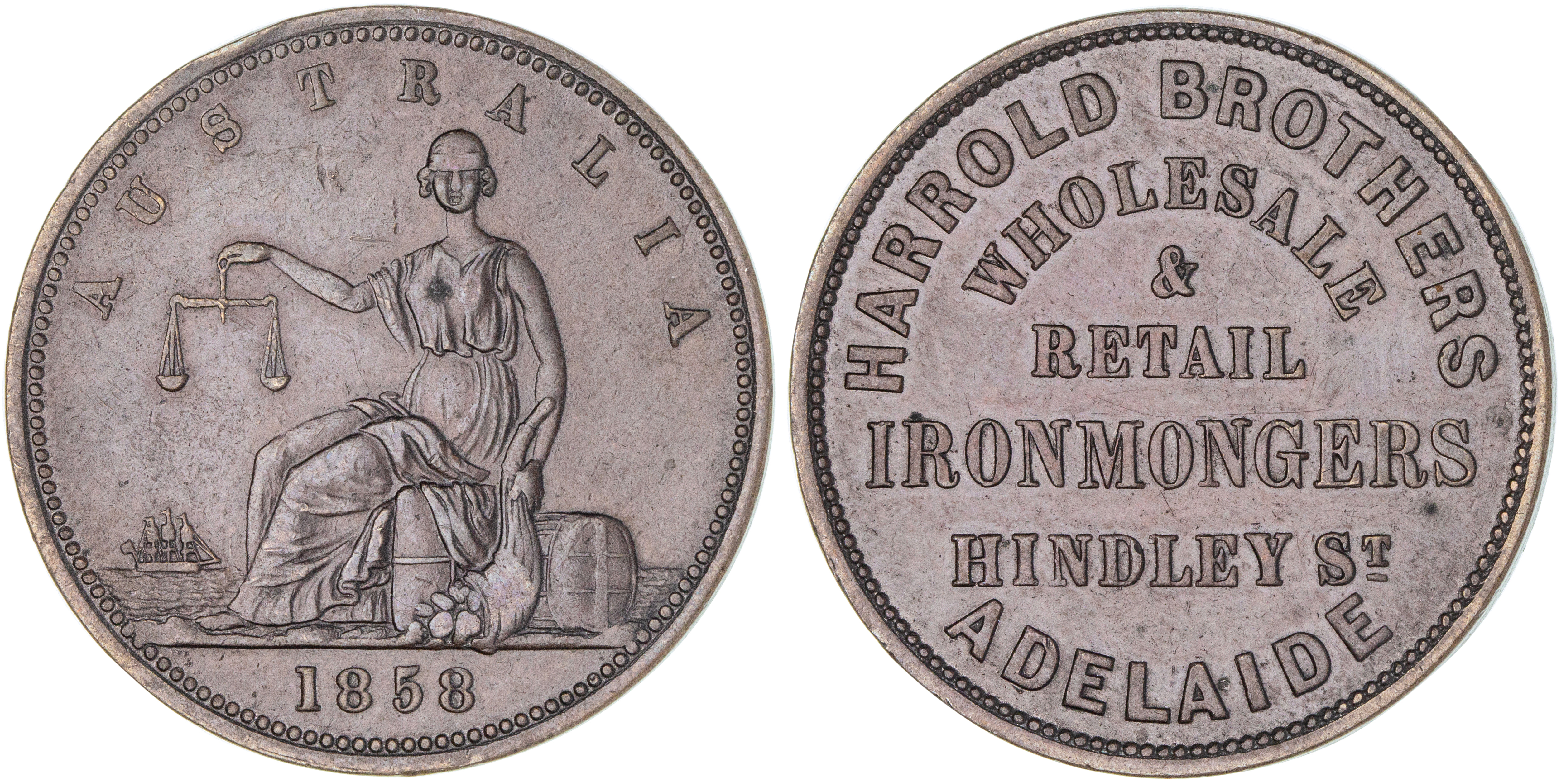 Harrold Brothers, Adelaide, Penny, 1858, EF