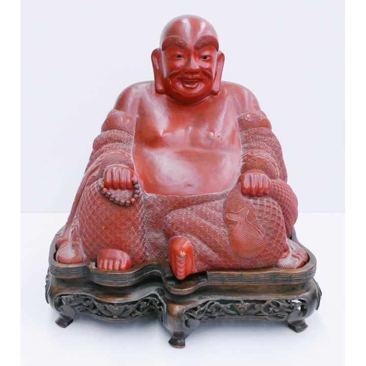 Chinese Qing/Republic Cinnabar Seated Buddha on Stand