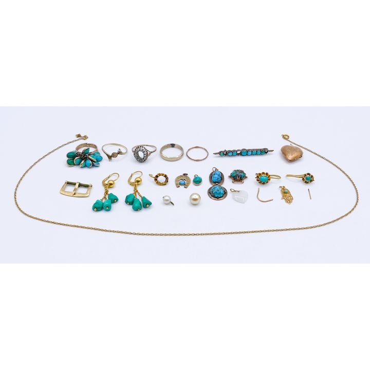 Box Assorted Gold and Turquoise Jewelry - 33.2 Grams TW