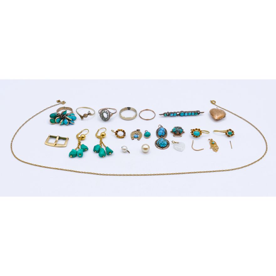 Box Assorted Gold and Turquoise Jewelry - 33.2 Grams TW