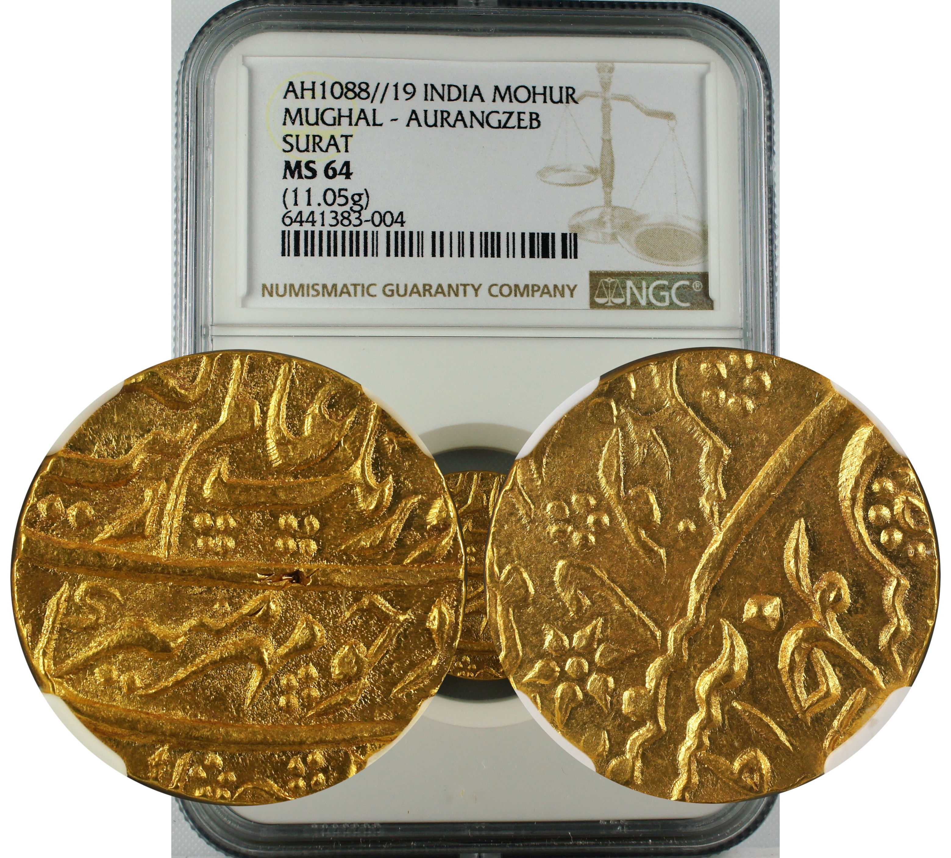AH 1088//19 INDIA MOHUR MUGHAL-AURANGZEB SURAT MS64