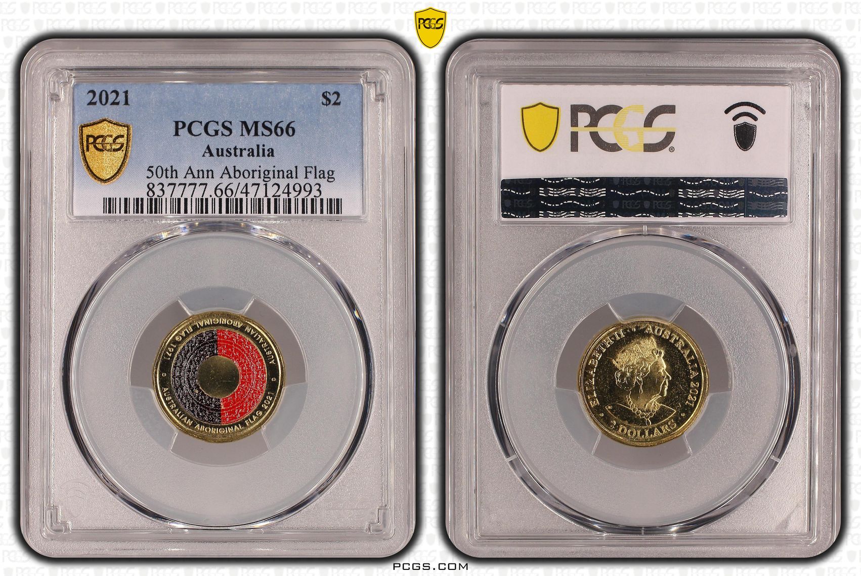 Elizabeth II, 50th Ann Aboriginal Flag Colorized, Two Dollar, 2021, PCGS MS66
