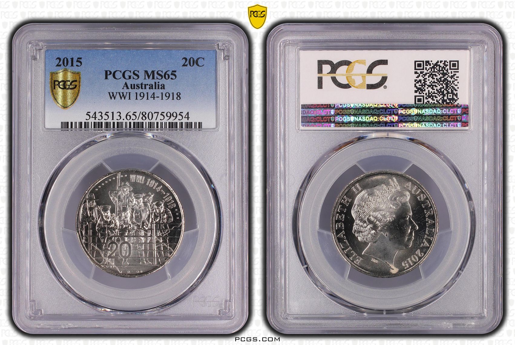 Elizabeth II, WWI 1914-1918, Twenty Cent, 2015, PCGS MS65