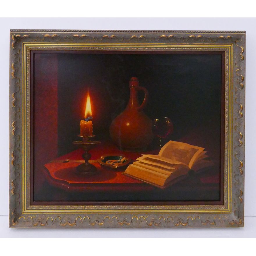 Rudy Rusche 'Still Life with Burning Candle' Oil on Canvas Framed- 20x24''