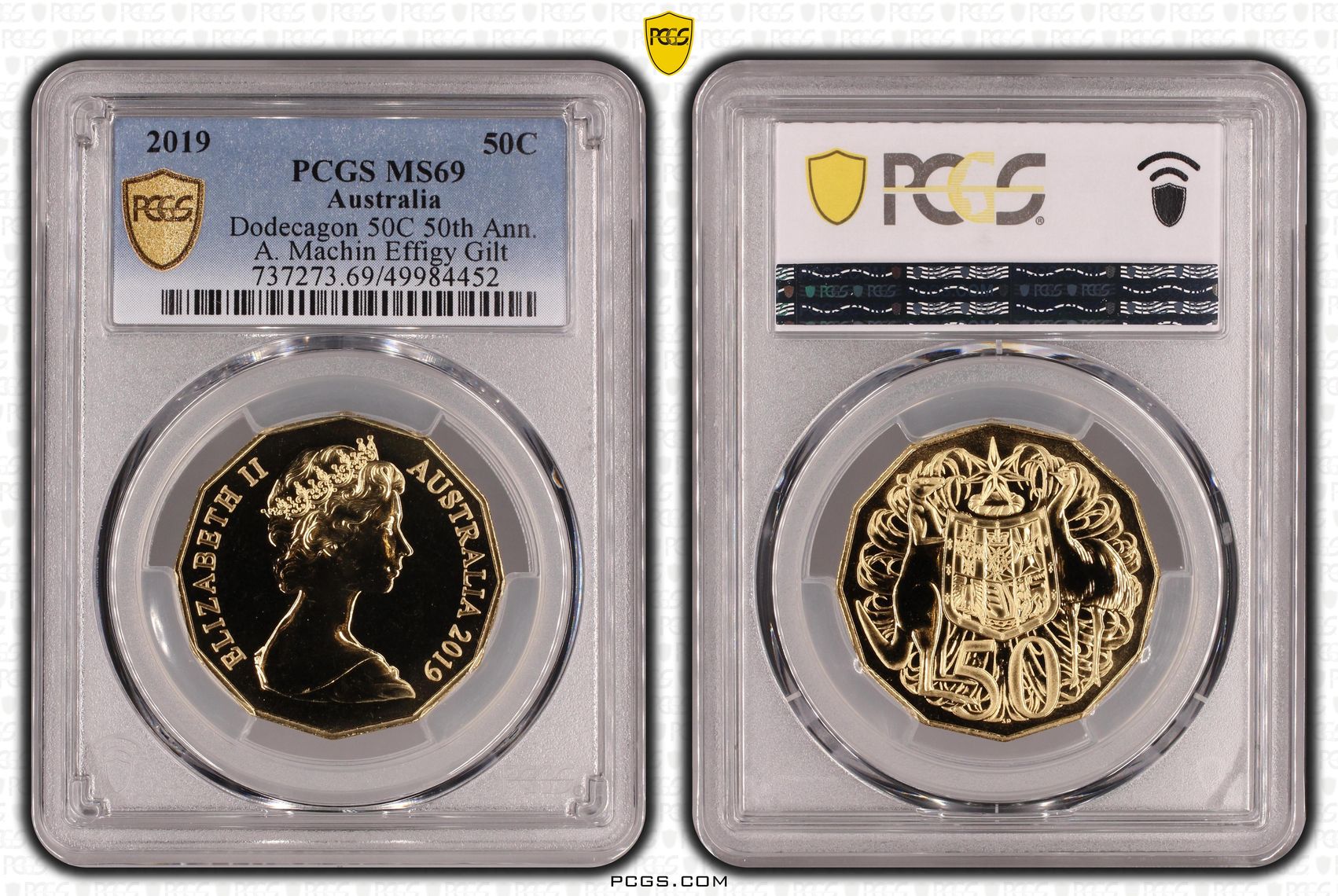 Dodecagon 50C 50th Ann. A. Machin Effigy Gilt, Fifty Cent, 2019, PCGS MS69