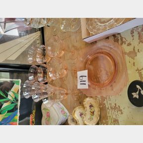 Pink Crystal Depression Glasses, dessert stemware and plates