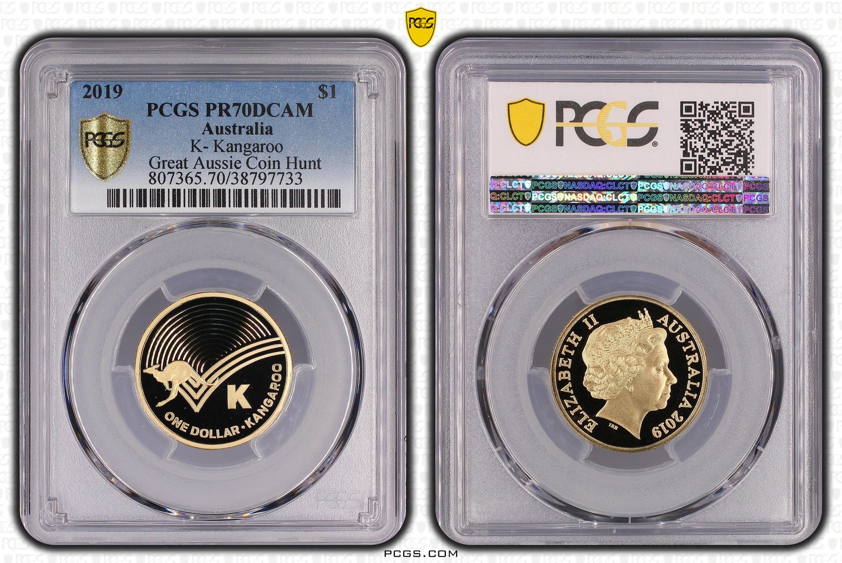 449 · 2019 Australia One Dollar, $1 K- Kangaroo Great Aussie Coin Hunt PCGS - PR70DCAM POP 6/0 -733