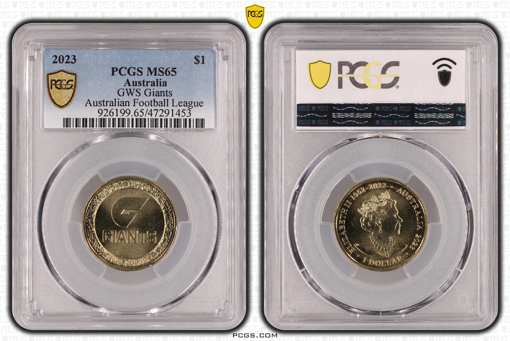 293 · Elizabeth II, AFL- GWS Giants , One Dollar, 2023, PCGS MS65