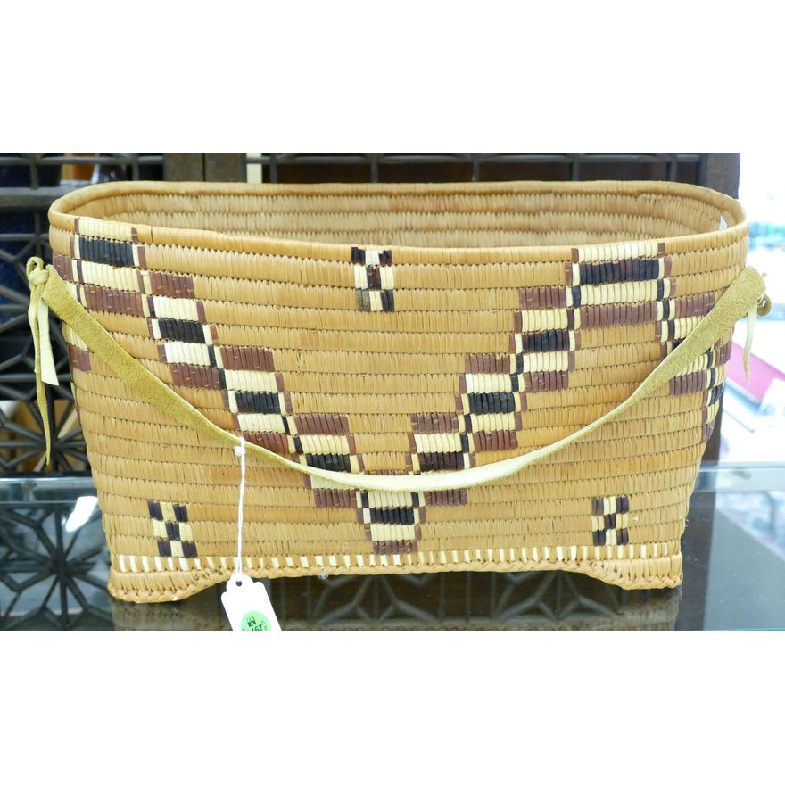 Old Coast Salish Footed Indian Basket with Leather Straps 9''x16''