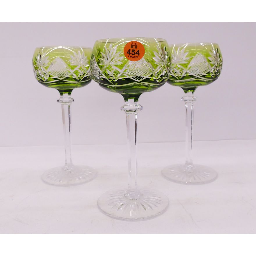 3pc Val St Lambert Green Cut to Clear Stemware- 7''