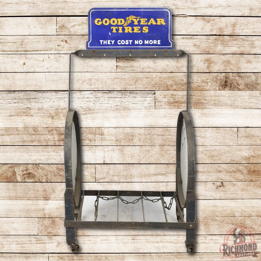 Goodyear Tires w/ Winged Foot Logo Porcelain Tire Rack w/ 3 Single Sided Porcelain Signs