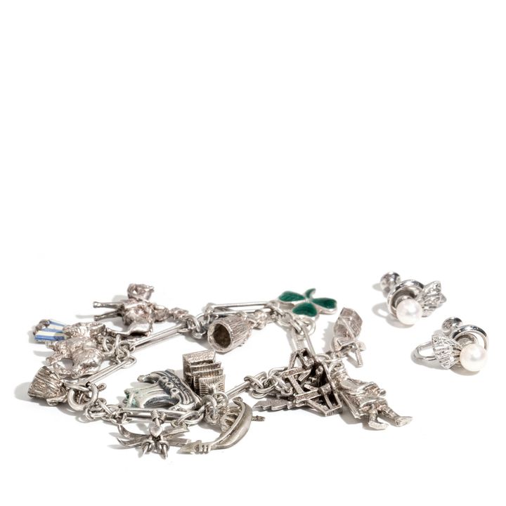 Silver Charm Bracelet & Pearl Earrings,