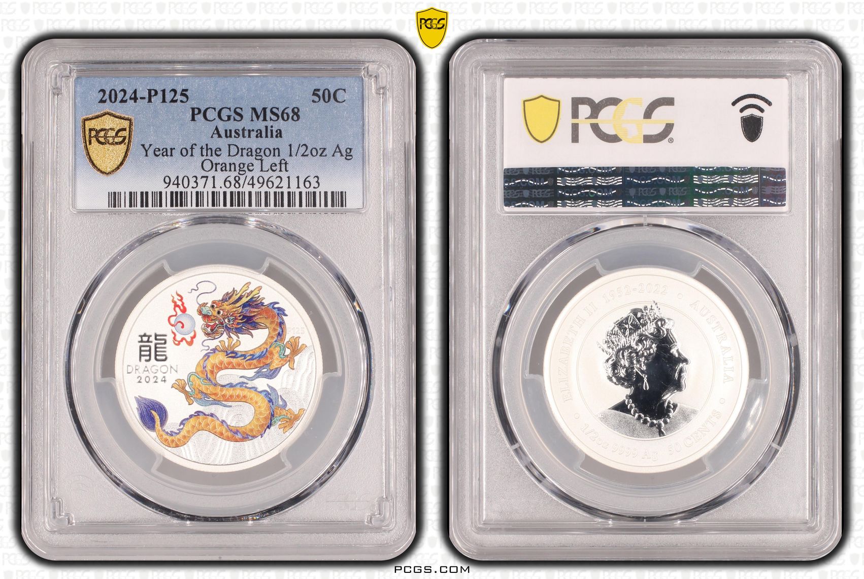 Year of the Dragon 1/2oz Ag Orange Left , Fifty Cent, 2024-P125, PCGS MS68