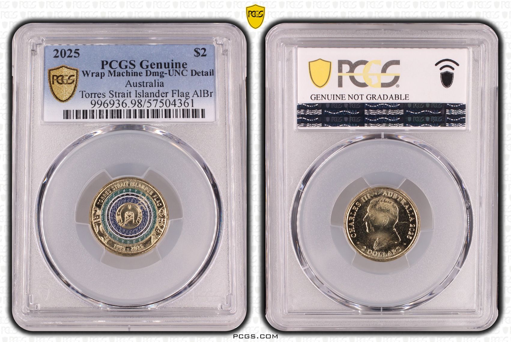 Torres Strait Islander Flag AlBr Colourised, Two Dollar, 2025, PCGS Genuine - UNC Details (98 - Damage)