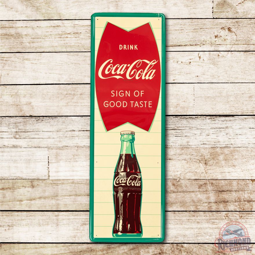Drink Coca Cola Sign of Good Taste w/ Bottle & Fishtail Logo Tin Sign