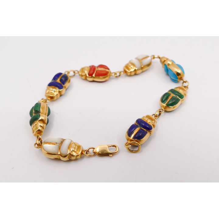 Egyptian 18K Multi-Stone Scarab Bracelet- 7''- 13g