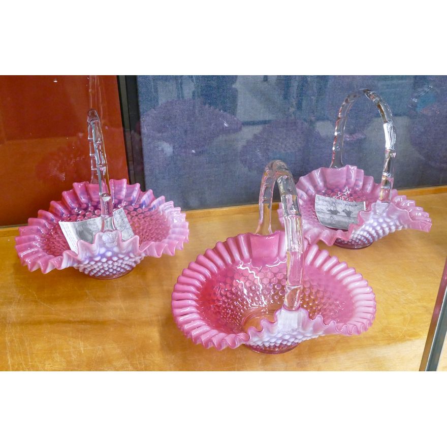 3pc Fenton Pink Hobnail Glass Large Baskets
