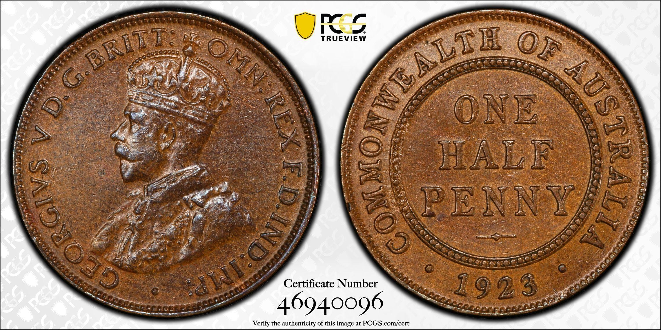 George V, Halfpenny, 1923, PCGS AU58