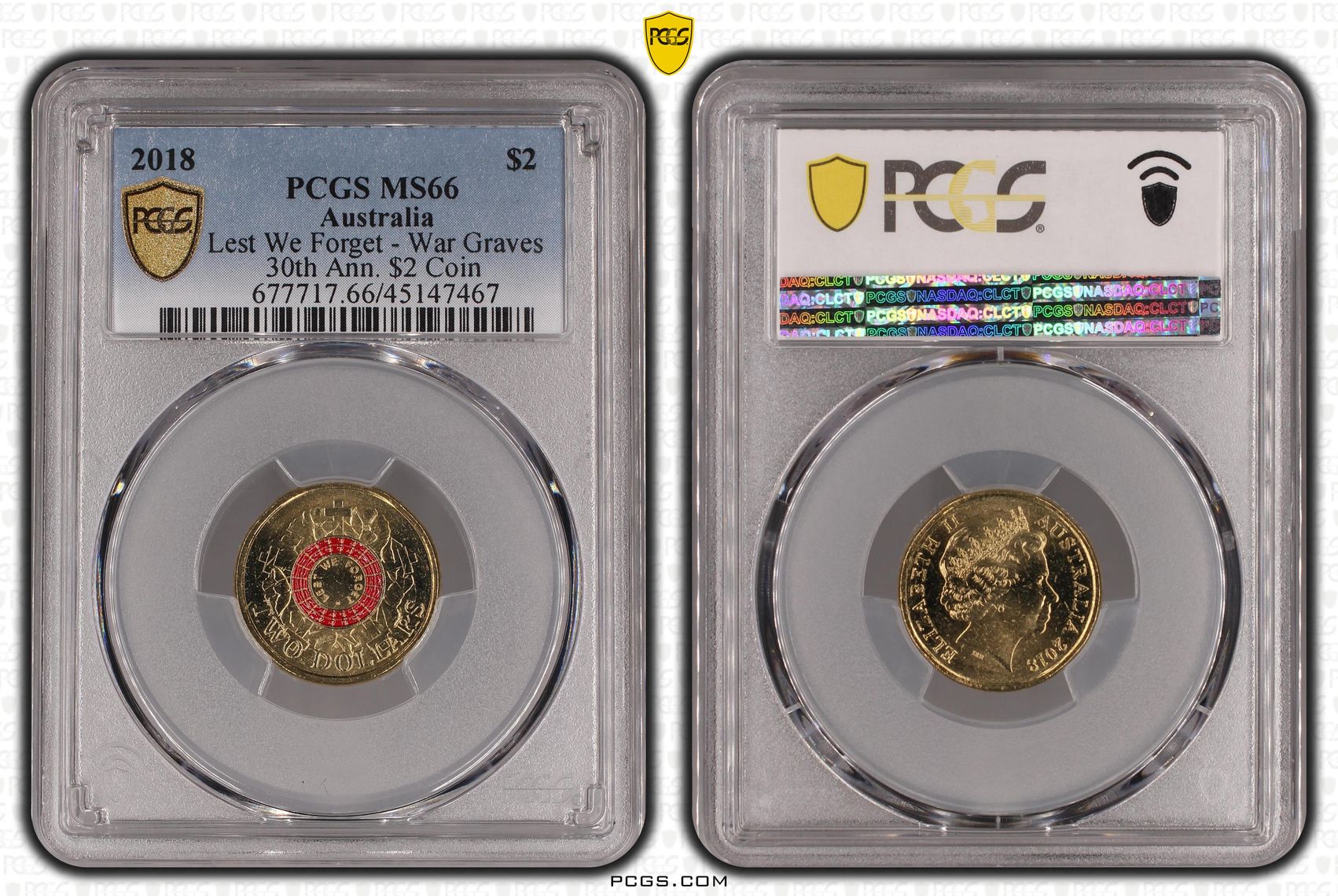 2018 Australia Two Dollar, $2 Lest We Forget - War Graves 30th Ann. $2 Coin PCGS - MS66 -467