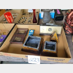 Pyramid nesting boxes, ARCO belt buckles and vintage weather station