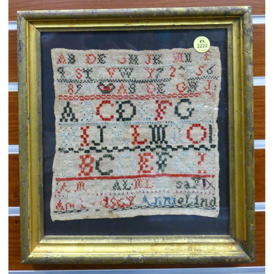 Antique Small Needlework Sampler Framed- 12x11''