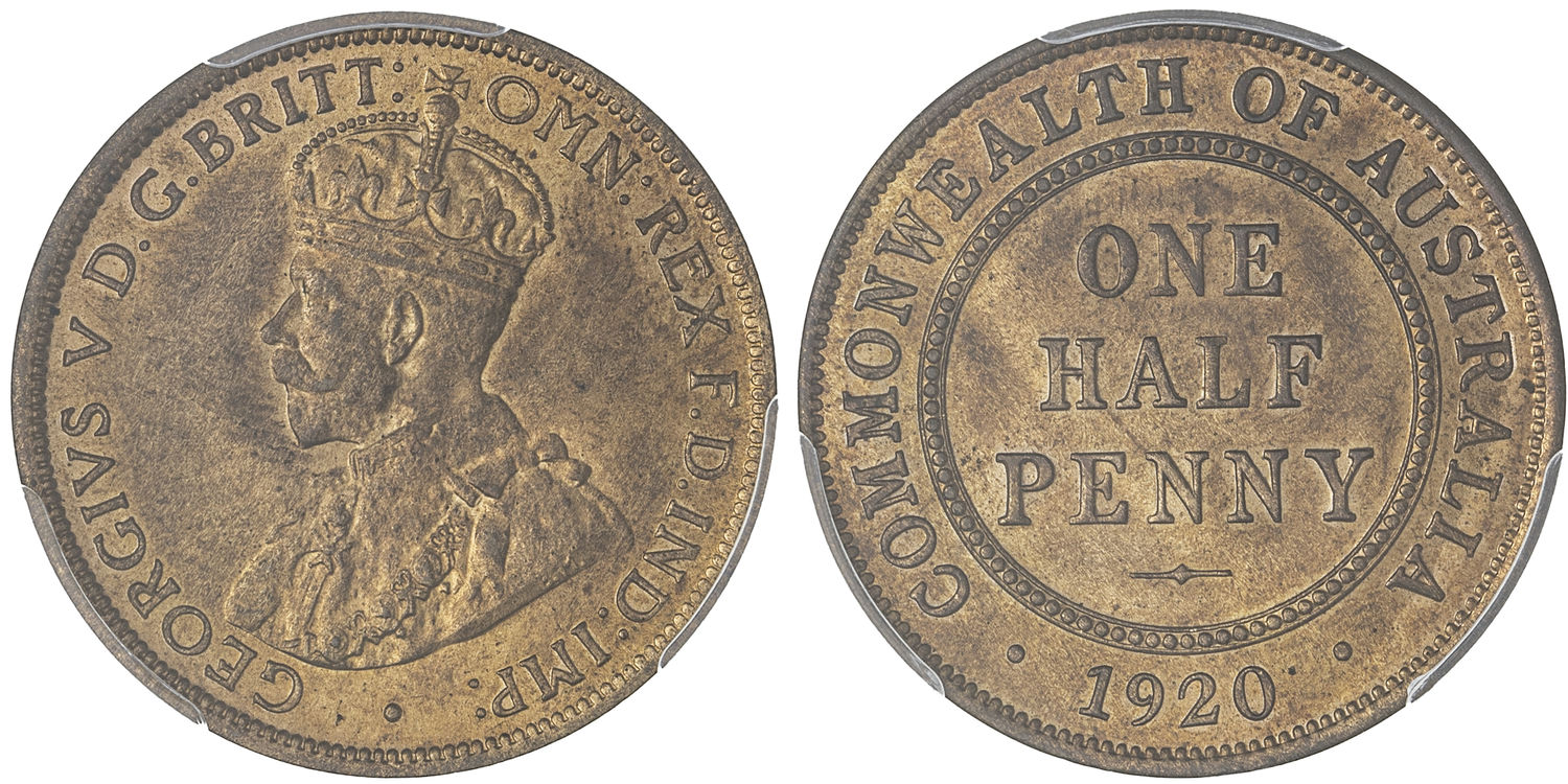 George V, Halfpenny, 1920, PCGS MS65RB